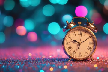 Poster - Vintage clock on glittery surface surrounded by colorful bokeh lights creating a whimsical atmosphere, Vintage clock on glittery surface with colorful bokeh lights in background
