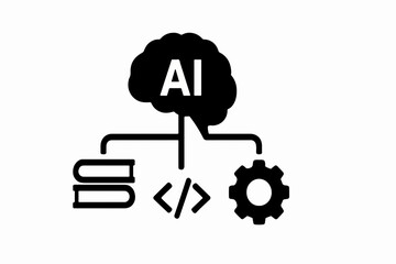 Poster - Silhouette AI Brain and Gear Hybrid with Cloud Computing and Data Nodes Vector Illustration of Artificial Intelligence Integration and Cloud Network Infrastructure
