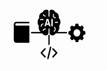 Poster - Silhouette AI Brain and Gear Hybrid with Cloud Computing and Data Nodes Vector Illustration of Artificial Intelligence Integration and Cloud Network Infrastructure