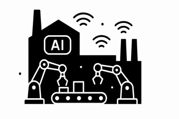 Poster - Silhouette AI Brain and Gear Hybrid with Cloud Computing and Data Nodes Vector Illustration of Artificial Intelligence Integration and Cloud Network Infrastructure