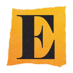 Poster - Stylized serif letter E is being shown in flat design on torn orange paper, transparent background