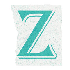 Poster - Textured turquoise letter Z is floating on torn white paper in flat design on transparent canvas
