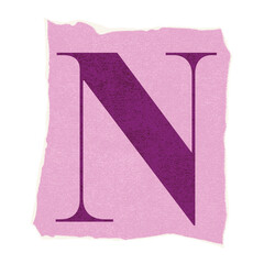 Poster - Flat design serif letter N is floating on textured pink torn-paper patch, transparent backdrop