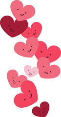 Poster - Smiling heart icons are floating diagonally in flat design, showing faces on transparent background