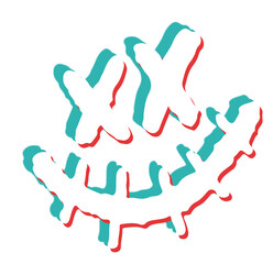 Poster - Stylized cartoon face showing stitched grin with X eyes and teal red shadow on transparent backdrop