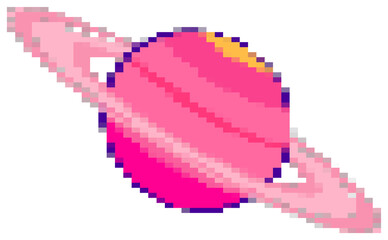 Poster - Pixel art ringed planet is floating against transparent background with pastel pink rings