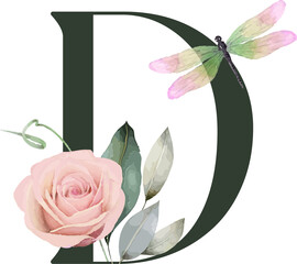 Poster - Showing stylized letter D on transparent background, with watercolor rose and pastel dragonfly