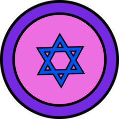 Poster - Flat design blue six-pointed star is shining on pink disc with purple ring on transparent field