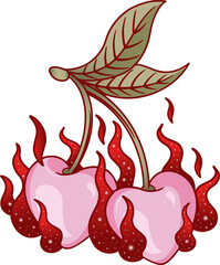 Poster - Flat design is showing heart-shaped cherries with stems, leaves, red flames, transparent background