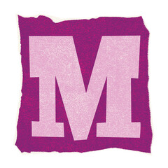 Poster - Flat letter M is hovering on magenta torn-edge shape with pink texture and transparent background