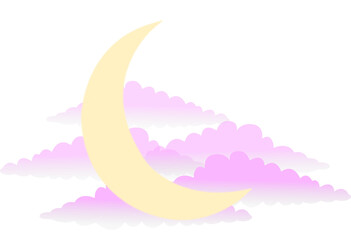 Poster - Pale yellow crescent moon is overlapping pastel pink clouds in flat design, transparent canvas