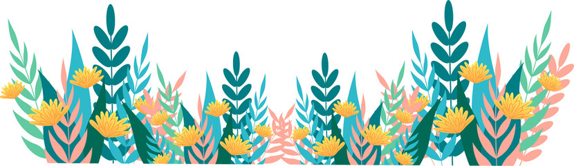 Poster - Showing border of stylized multicolor leaves and yellow blooms, flat design, transparent background