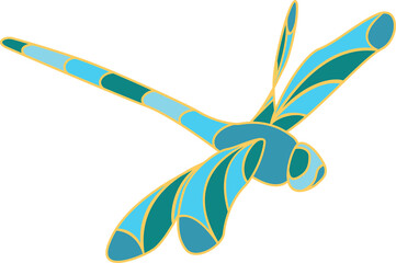 Poster - Flat design dragonfly showing segmented turquoise body and mosaic wings on transparent background