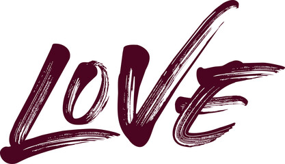 Poster - Stylized textured maroon brushstroke letters spelling LOVE are floating on transparent background