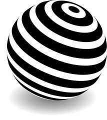 Poster - Floating black and white 3D striped sphere casting shadow on transparent backdrop optical illusion
