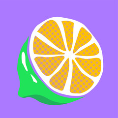 Poster - Flat citrus slice design showing dotted pulp and green rind on transparent purple backdrop