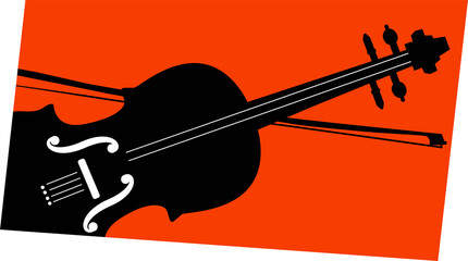 Poster - Flat design cello silhouette is crossing orange panel on transparent bg with bow and white f-holes