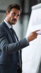 Poster - Businessman pointing at financial chart during a presentation in modern office