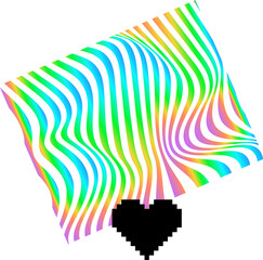 Poster - 3D art is showing floating rainbow sheet with black pixel heart on transparent backdrop, copy space