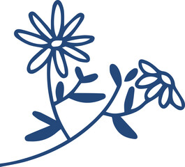 Poster - Flat line drawing is showing two daisy flowers on curved stem with leaves on transparent background