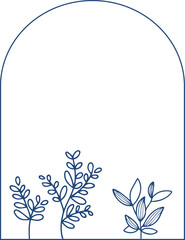 Poster - Botanical line art is showing three stylized plants under arch frame on transparent background