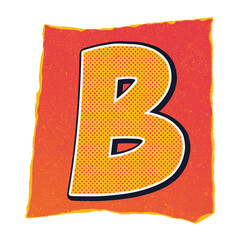 Poster - Pop art letter B is popping with yellow-edged textured red square detail on transparent background