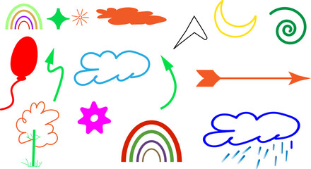 Leinwandbilder - crayon child pencil style icon set, rainbow, heart, crown, flower a Chalk texture, sketch figure for play or school design, colorful kid doodle style.