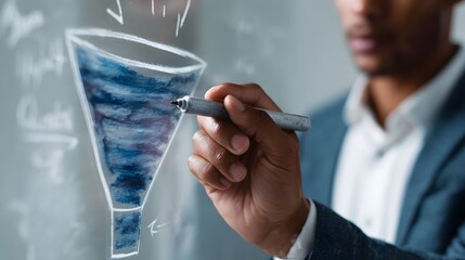Poster - Marketing strategist drawing a sales funnel on a transparent whiteboard