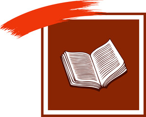 Poster - Flat illustration of open book is floating in red frame with brushstroke on transparent background
