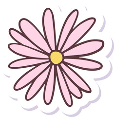 Poster - Stylized pink daisy floating sticker on clear bg showing yellow center, white edge, lavender shadow