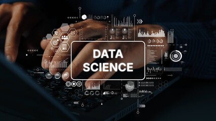 Poster - Hands typing on laptop keyboard with data science graphics and analytics interface in modern digital workspace environment. Asymptotic smart data analytic.