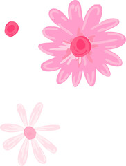 Poster - Two pink stylized daisies and small circle are floating in flat illustration, transparent backdrop