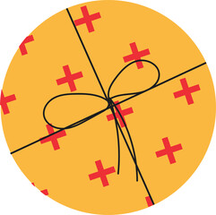 Poster - Flat design showing orange disc with red plus signs and black ribbon bow on transparent background