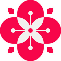 Poster - Flat vector depicting flower icon with red petals, white star and stamen on transparent backdrop