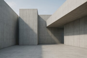 Poster - Sunlight streaming over large concrete walls and the expansive floor of an empty modern building exterior, creating a striking contrast against the clear blue sky above