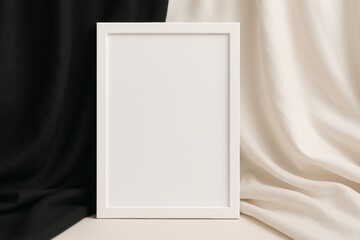 Poster - White frame mockup resting on beige surface with black and white fabrics draped in the background, offering a modern and elegant backdrop for showcasing artwork or designs