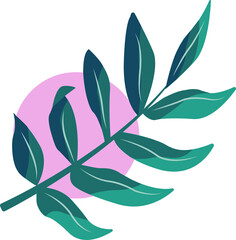Poster - Stylized branch is floating on clear backdrop, showing teal and dark blue leaves over pink circle
