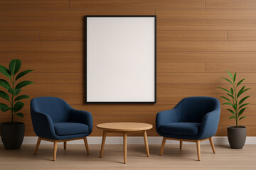 Poster - Two blue armchairs facing each other with a wooden coffee table between, large mockup frame on a wooden wall, and potted plants creating a stylish living room