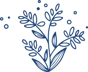 Poster - Stylized botanical sprig is showing slender stems, leaves and dot accents on transparent background