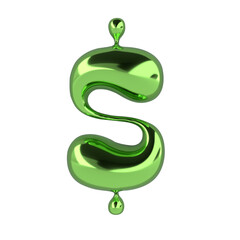 Poster - Green liquid-metal S shape is shining in 3D render on transparent background, showing smooth curves