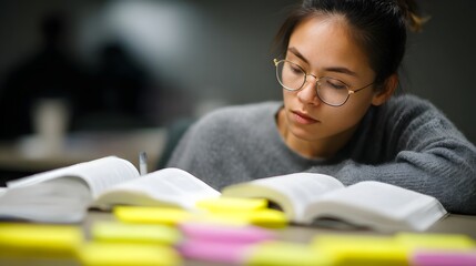 Poster - Diligent student studying from multiple open books