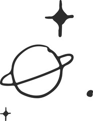Wall Mural - outlined ringed planet floating among glowing stylized stars and dot, transparent background
