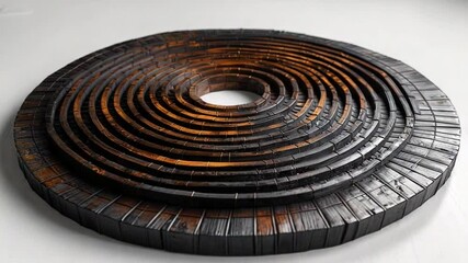 Wooden Circular Sculpture with Concentric Rings and Central Opening, Textured Surface