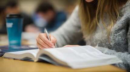 Poster - Student highlighting textbook notes at shared study table
