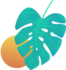 Poster - Teal vector tropical leaf is overlapping orange-yellow gradient sun disc on transparent background