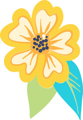 Poster - Flat vector yellow flower with navy dots is floating on transparent canvas with green teal leaves