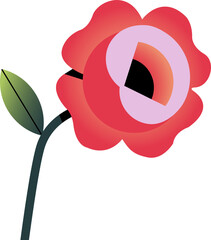 Poster - Vector red flower is showing layered petals geometric core stem gradient leaf on transparent canvas