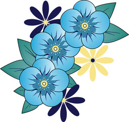 Poster - Flat design corner is showing blue-yellow daisy blooms with teal leaves on transparent background