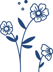 Poster - Stylized flower cluster is floating in dark blue line art on transparent background with small dots