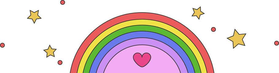 Poster - Flat design rainbow arch is glowing on transparent background with heart center, stars and circles